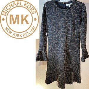🎩🗝️ NWT $130 MICHAEL KORS Long-sleeve Size M Metallic Flounce Dress with Ruffle